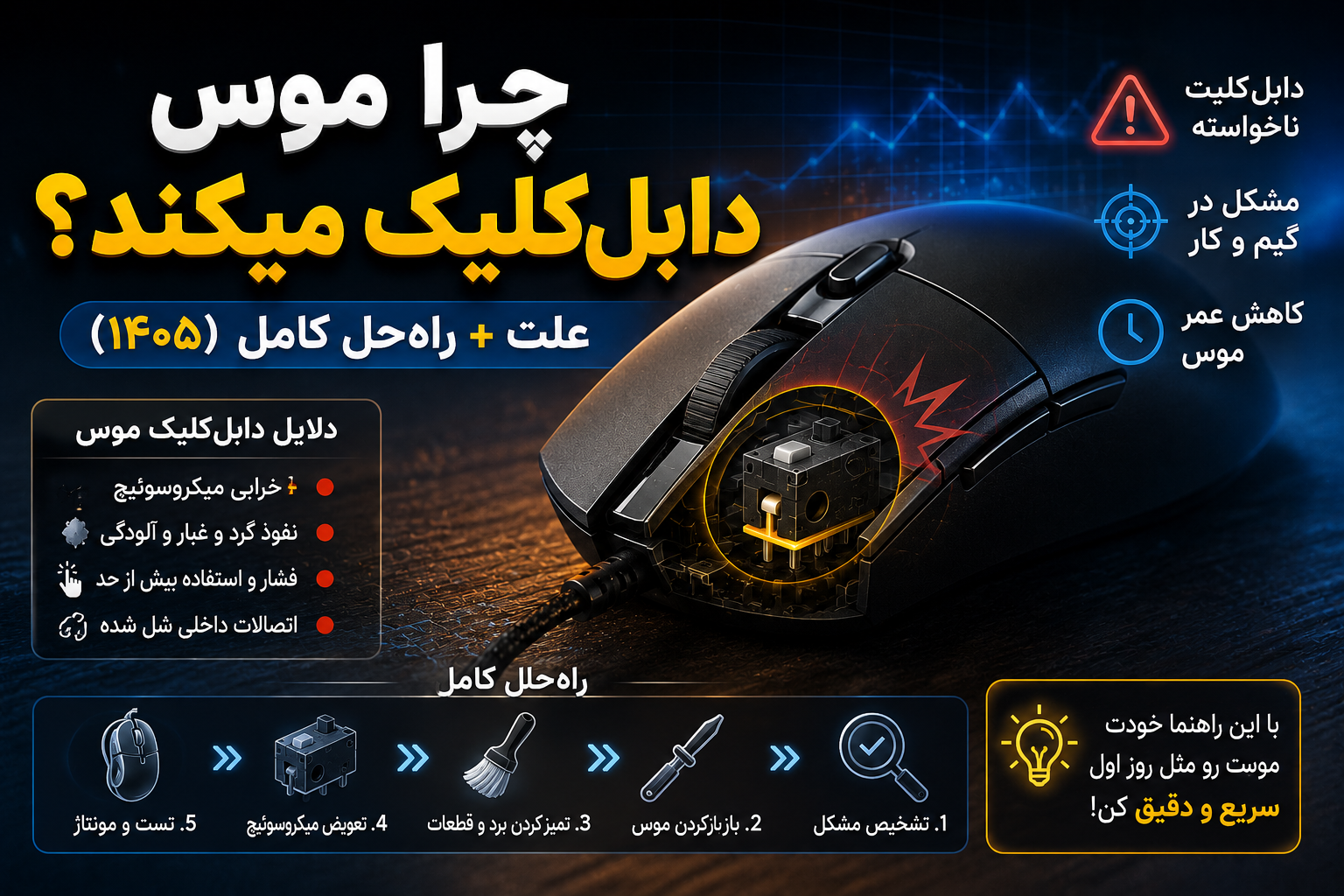 چرا موس دابل‌کلیک می‌کند؟ علت + راه‌حل کامل (۱۴۰5)